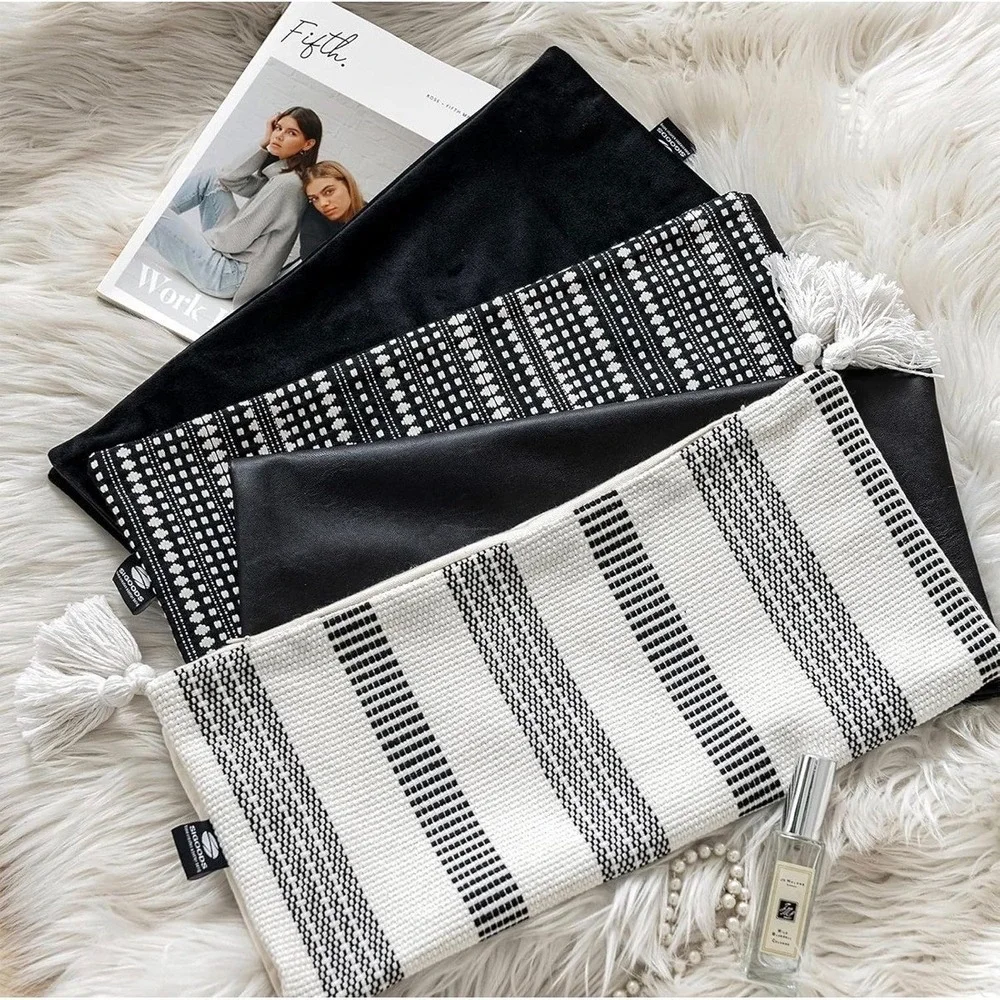4 Piece Throw Pillow Covers Set Black White Faux Leather Velvet Boho Tassel‎